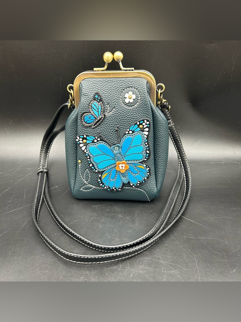 CHALA Blue Butterfly Kisslock Cell Phone Crossbody Purse Navy Faux Leather